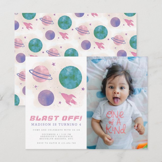 Galaxy Space Watercolor Planet 4th Birthday Photo Postcard (Front/Back)