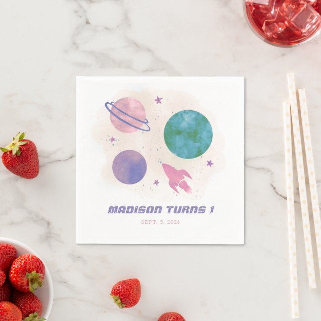 Galaxy Space Watercolor Planet Girl 1st Birthday Napkin (Insitu)