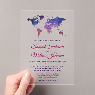 Galaxy Space World Map Wedding Acrylic Invitations