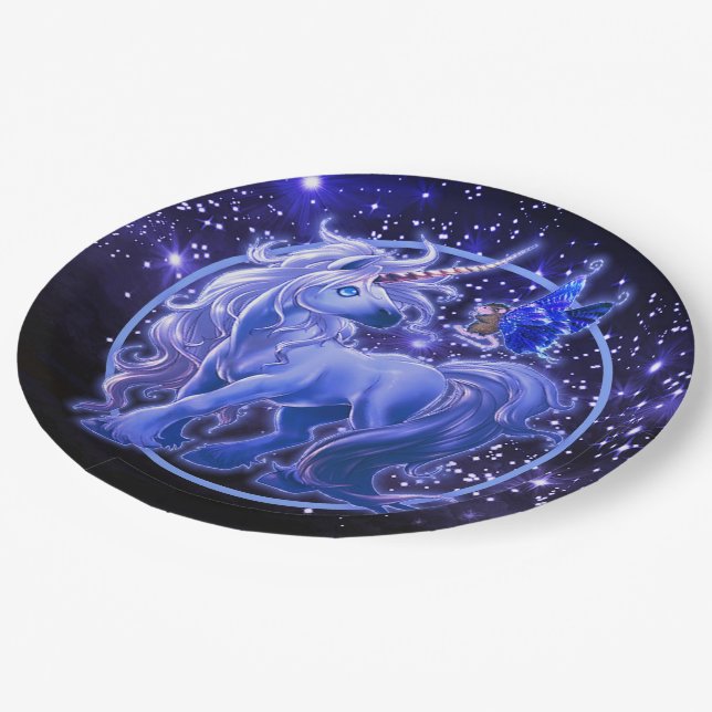 Galaxy Sparkle Bue Unicorn Paper Plate (Angled)