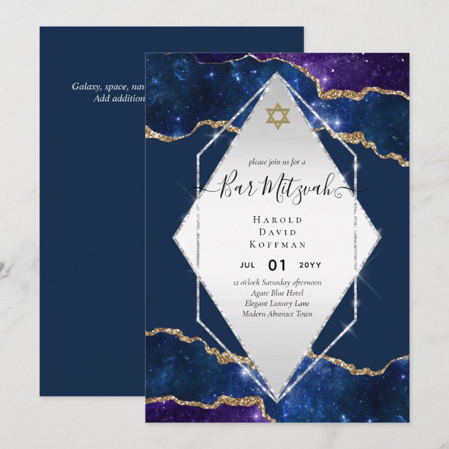 Galaxy Starry Night BAR MITZVAH Invitations Blue (Front/Back)