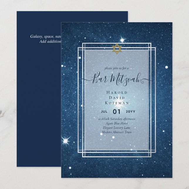 Galaxy Starry Night BAR MITZVAH Invitations Blue (Front/Back)