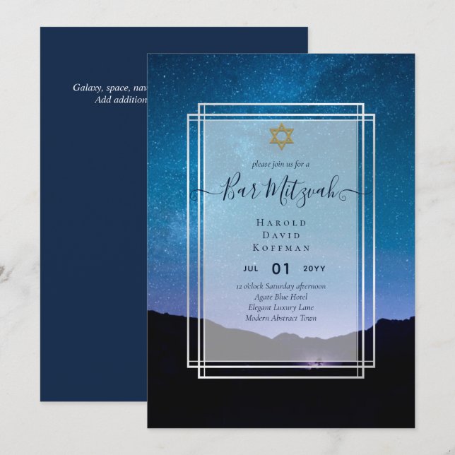 Galaxy Starry Night BAR MITZVAH Invitations Blue (Front/Back)