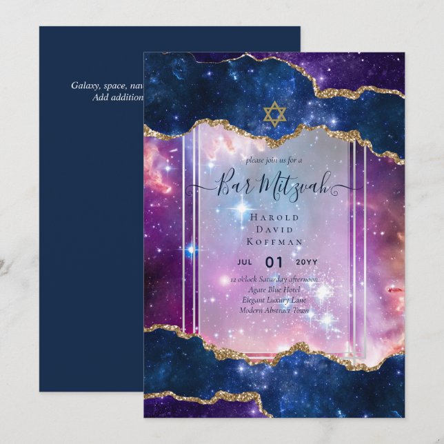 Galaxy Starry Night BAR MITZVAH Invitations Blue (Front/Back)