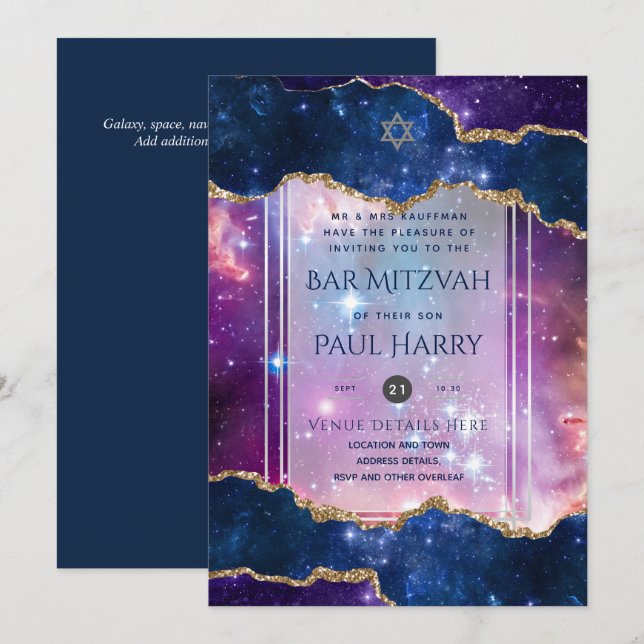 Galaxy Starry Night BAR MITZVAH Invitations Navy (Front/Back)