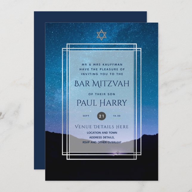 Galaxy Starry Night BAR MITZVAH Invitations Navy (Front/Back)