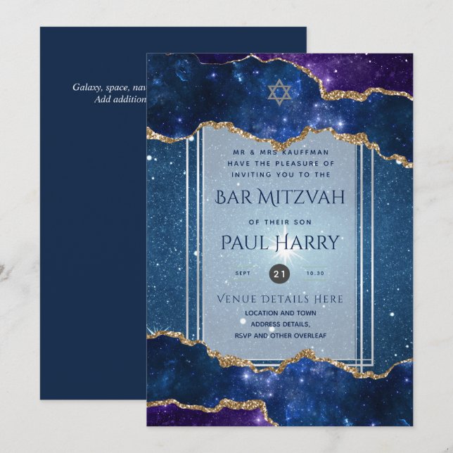 Galaxy Starry Night BAR MITZVAH Invitations Navy (Front/Back)