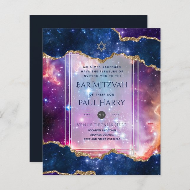Galaxy Starry Night BAR MITZVAH Invitations Navy (Front/Back)