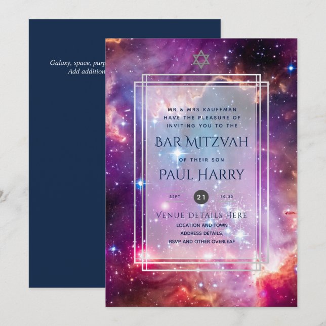 Galaxy Starry Night BAR MITZVAH Invitations Navy (Front/Back)