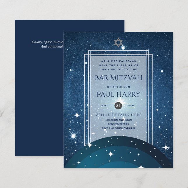 Galaxy Starry Night BAR MITZVAH Invitations Navy (Front/Back)