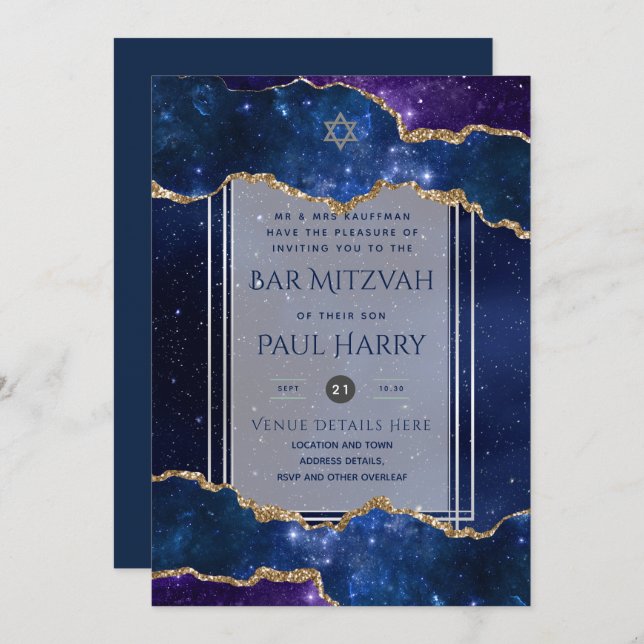 Galaxy Starry Night BAR MITZVAH Invitations Navy (Front/Back)