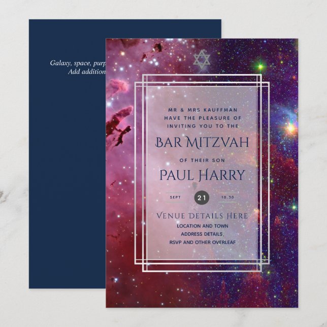 Galaxy Starry Night BAR MITZVAH Invitations Navy (Front/Back)