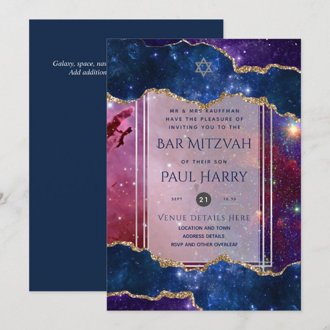 Galaxy Starry Night BAR MITZVAH Invitations Navy (Front/Back)