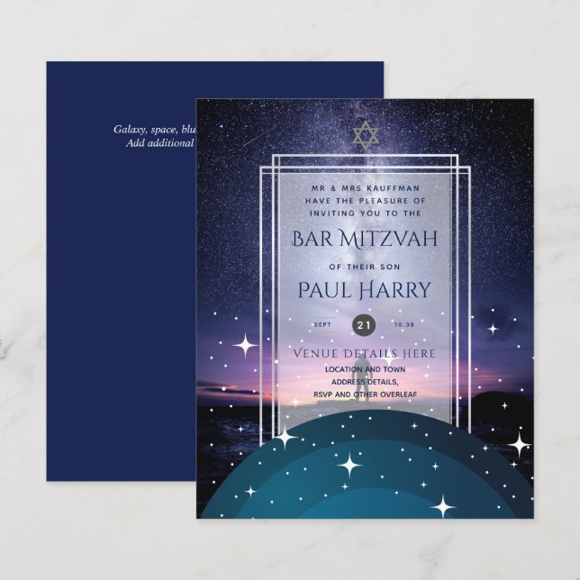 Galaxy Starry Night BAR MITZVAH Invitations Navy (Front/Back)