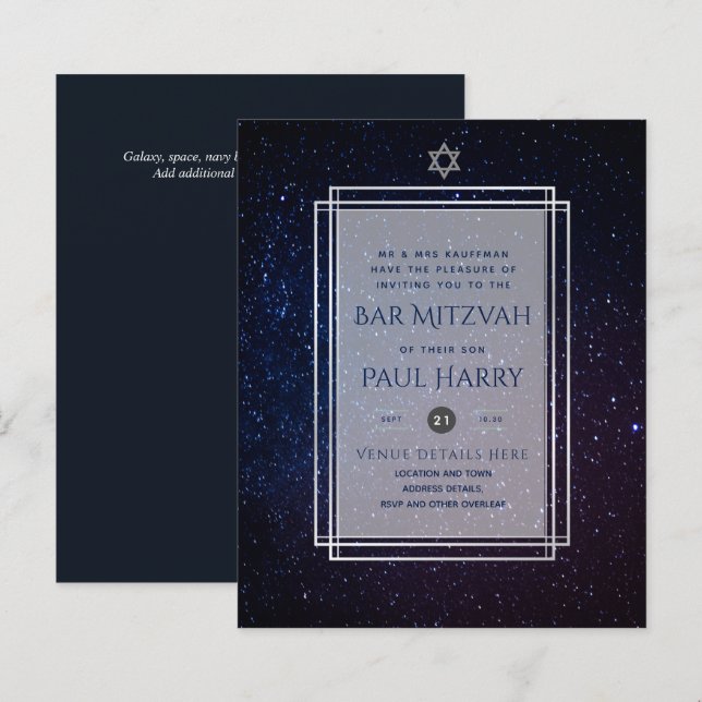 Galaxy Starry Night BAR MITZVAH Invitations Navy (Front/Back)