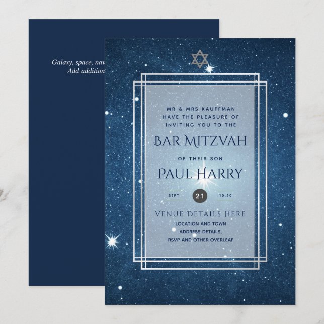 Galaxy Starry Night BAR MITZVAH Invitations Navy (Front/Back)