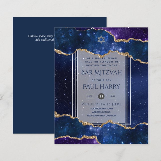 Galaxy Starry Night BAR MITZVAH Invitations Navy (Front/Back)