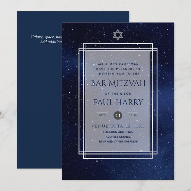 Galaxy Starry Night BAR MITZVAH Invitations Navy (Front/Back)