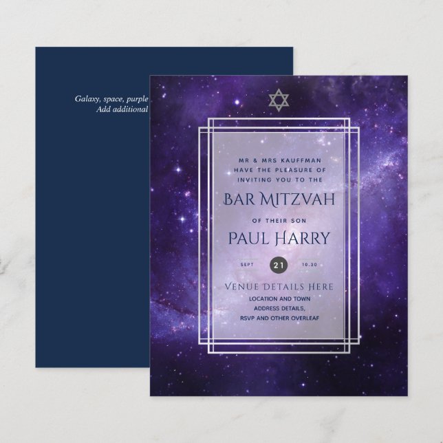 Galaxy Starry Night BAR MITZVAH Invitations Navy (Front/Back)