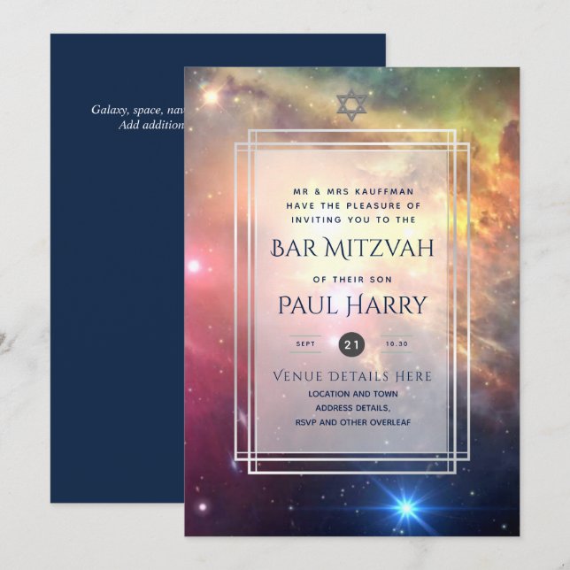 Galaxy Starry Night BAR MITZVAH Invitations Navy (Front/Back)