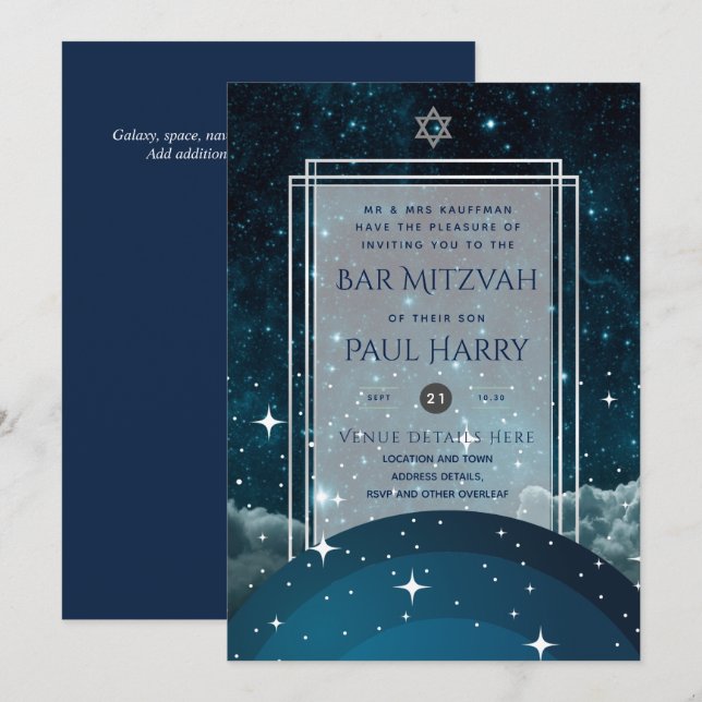 Galaxy Starry Night BAR MITZVAH Invitations Navy (Front/Back)