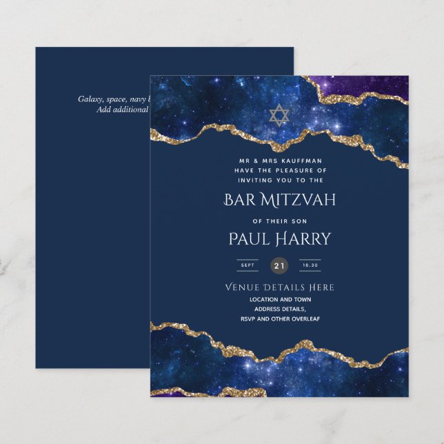 Galaxy Starry Night BAR MITZVAH Invitations Navy (Front/Back)