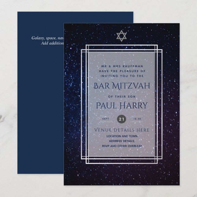 Galaxy Starry Night BAR MITZVAH Invitations Navy (Front/Back)