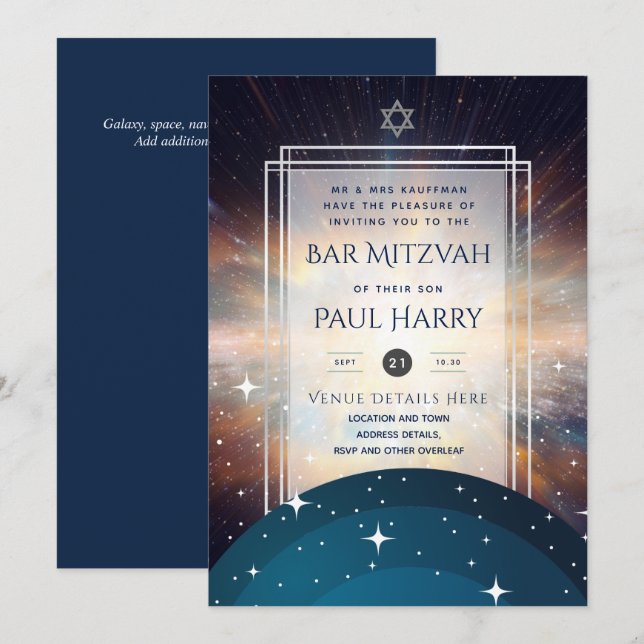 Galaxy Starry Night BAR MITZVAH Invitations Navy (Front/Back)