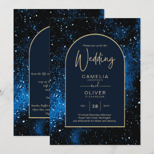 Galaxy Starry Night Navy Blue Gold Wedding Invitation