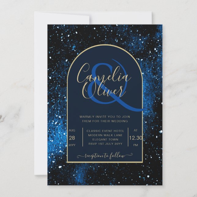 Galaxy Starry Night Navy Blue Gold Wedding Invitation (Front)