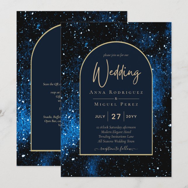 Galaxy Starry Night Navy Blue Gold Wedding Invitation (Front/Back)