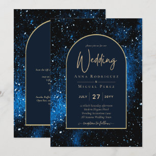 Galaxy Starry Night Navy Blue Gold Wedding Invitation