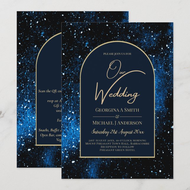 Galaxy Starry Night Navy Blue Gold Wedding Invitation (Front/Back)