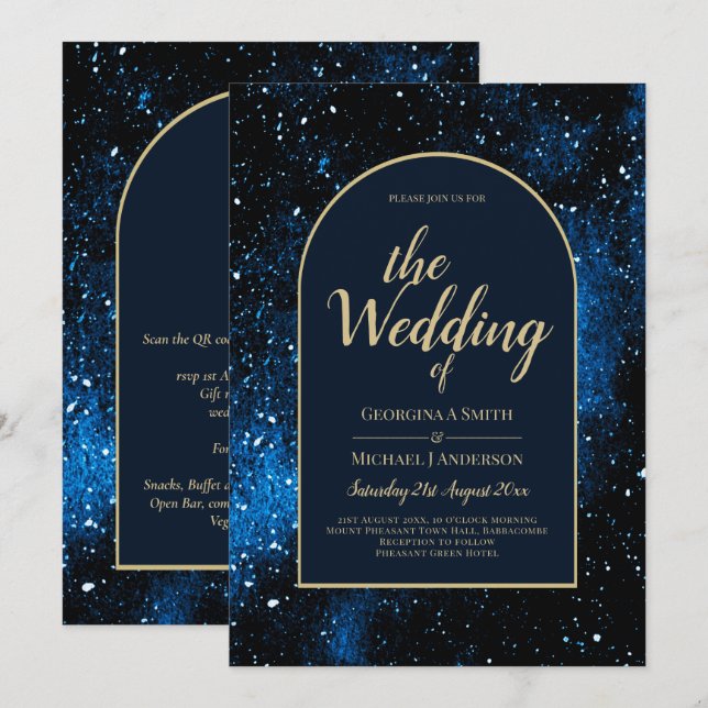 Galaxy Starry Night Navy Blue Gold Wedding Invitation (Front/Back)