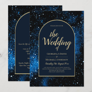 Galaxy Starry Night Navy Blue Gold Wedding Invitation