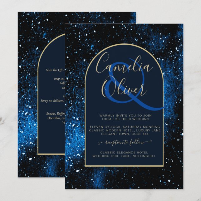 Galaxy Starry Night Navy Blue Gold Wedding Invitation (Front/Back)