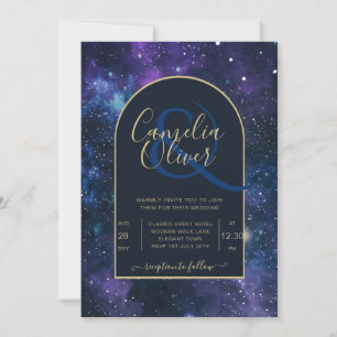Galaxy Starry Night Navy Blue Gold Wedding Invitation