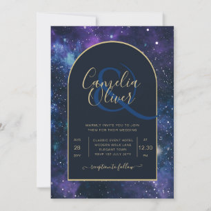 Galaxy Starry Night Navy Blue Gold Wedding Invitation