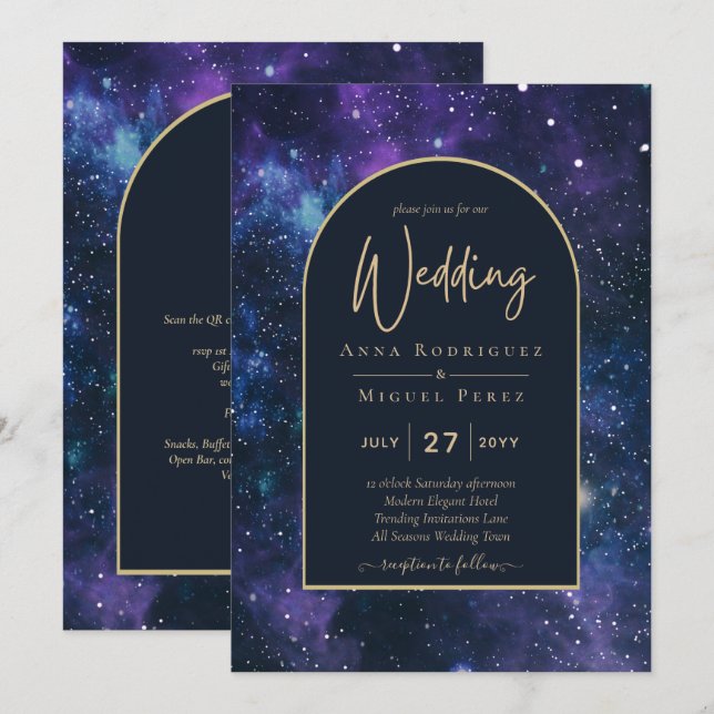 Galaxy Starry Night Purple Blue Gold Wedding Invitation (Front/Back)