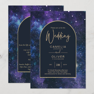 Galaxy Starry Night Purple Blue Gold Wedding Invitation