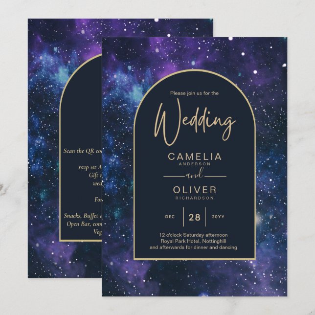 Galaxy Starry Night Purple Blue Gold Wedding Invitation (Front/Back)