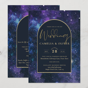 Galaxy Starry Night Purple Blue Gold Wedding Invitation