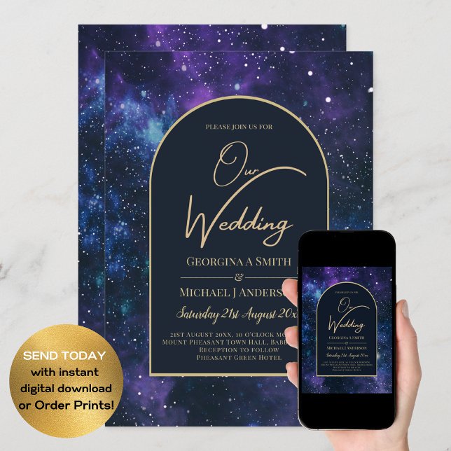 Galaxy Starry Night Purple Blue Gold Wedding Invitation (Creator Uploaded)