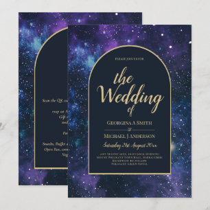 Galaxy Starry Night Purple Blue Gold Wedding Invitation