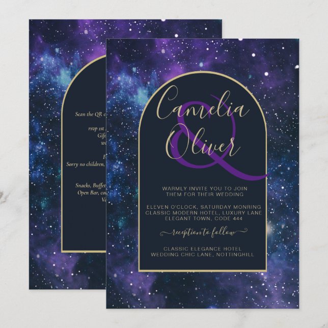 Galaxy Starry Night Purple Blue Gold Wedding Invitation (Front/Back)