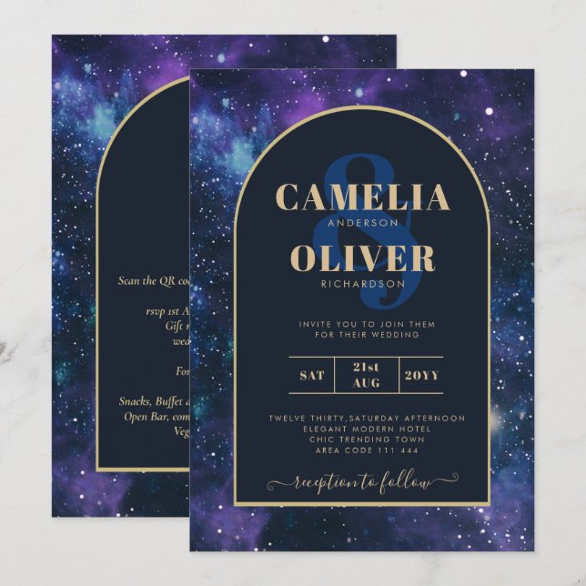 Galaxy Starry Night Purple Blue Gold Wedding Invitation (Front/Back)