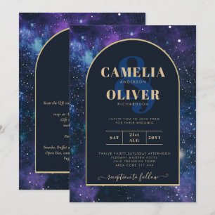 Galaxy Starry Night Purple Blue Gold Wedding Invitation