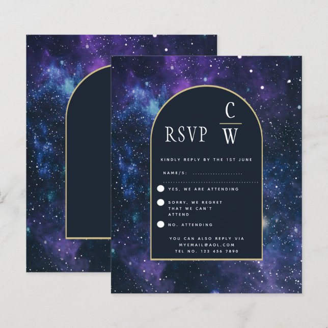 Galaxy Starry Night Purple Blue Gold Wedding RSVP (Front/Back)