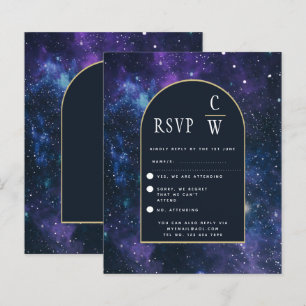 Galaxy Starry Night Purple Blue Gold Wedding RSVP