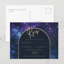 Galaxy Starry Night Purple Blue Gold Wedding RSVP